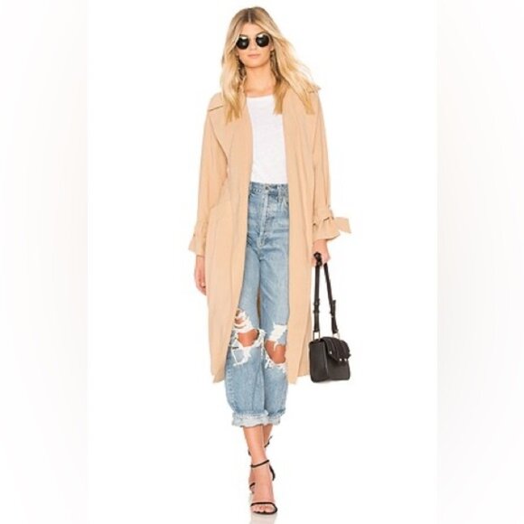 1.State Women’s Beige Trench Coat Size L Tie Waist & Sleeve light Belted duster - Picture 1 of 9